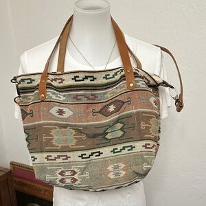 Bohemian Patterned Canvas Tote Bag with Tan Straps
